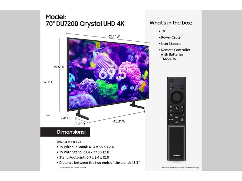 Samsung 70" DU7200 Smart Crystal UHD 4K TV - UN70DU7200