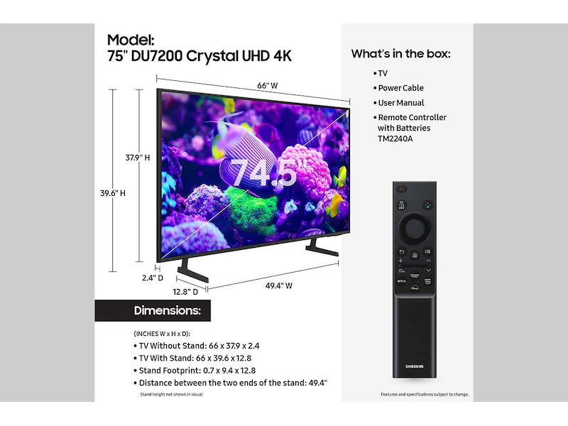 Samsung 75" DU7200 Smart Crystal UHD 4K TV - UN75DU7200