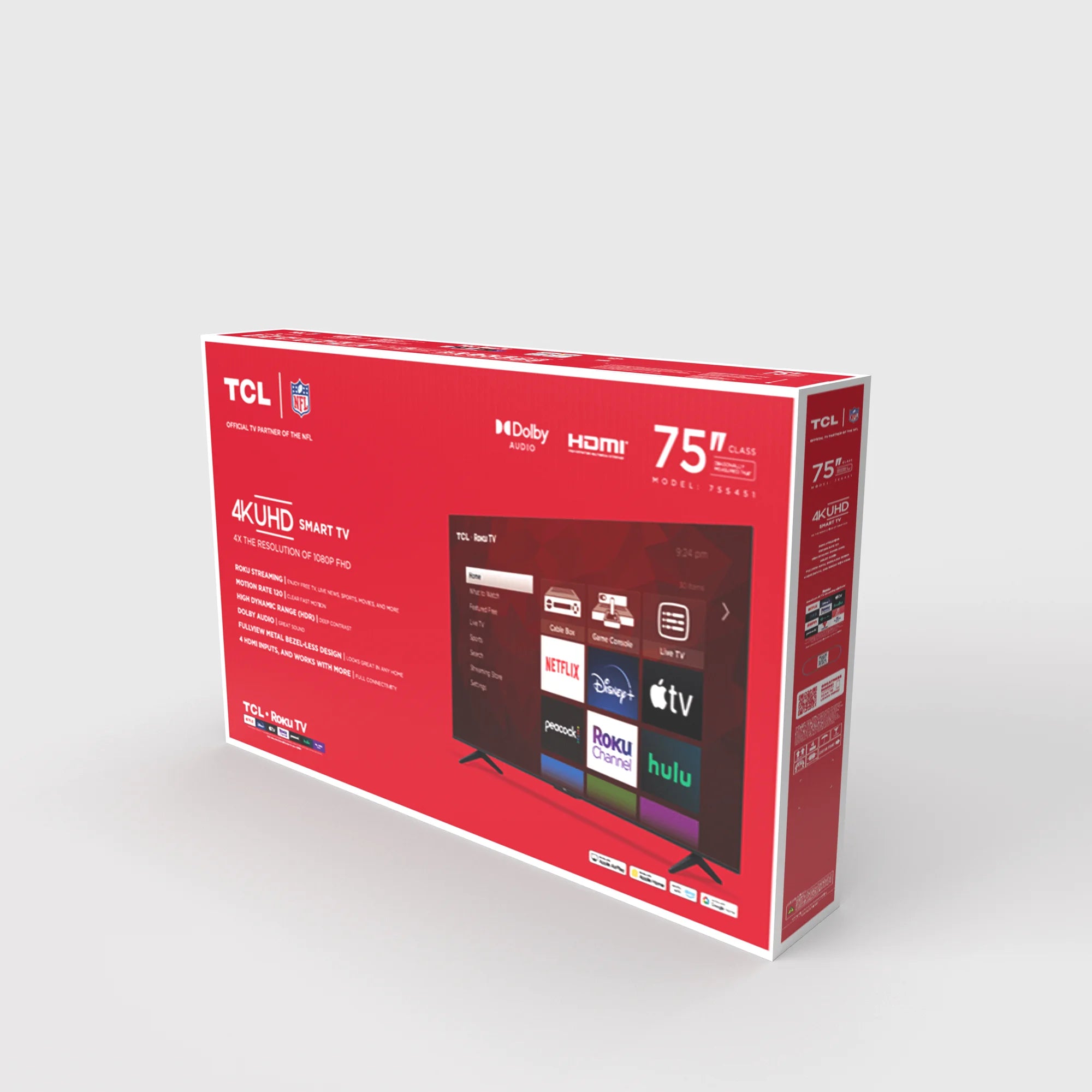 TCL 75” Class S4 (75S451) 4K UHD HDR Smart TV with Roku TV