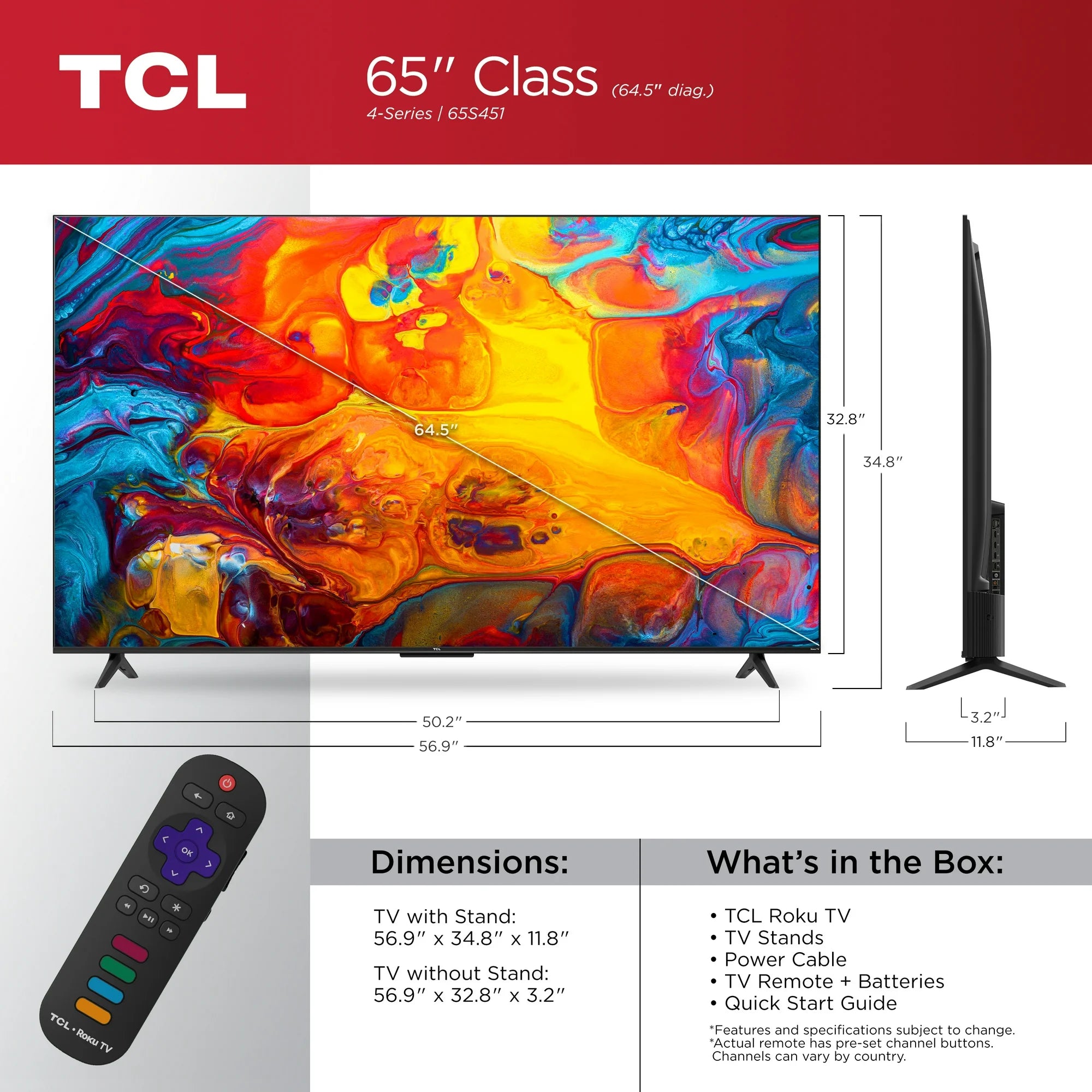 TCL - 65” Class S4 (65S451) 4K UHD HDR Smart TV with Roku TV
