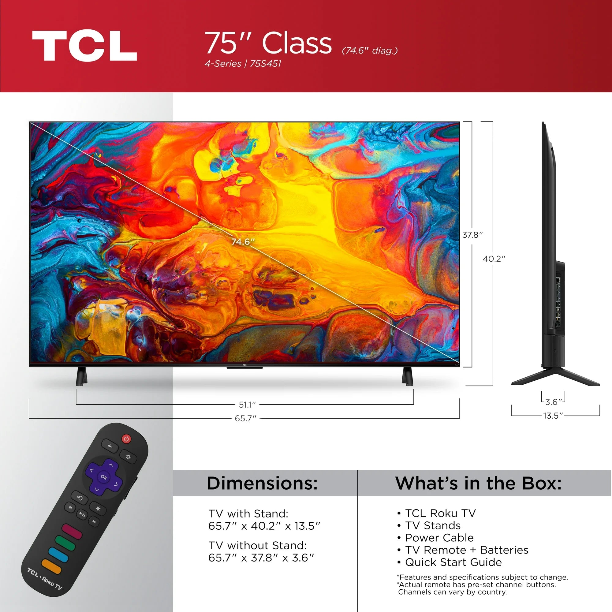 TCL 75” Class S4 (75S451) 4K UHD HDR Smart TV with Roku TV