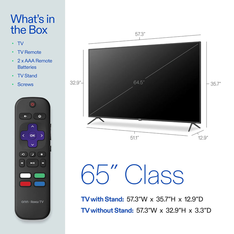 Onn. - 65” Class 4K UHD (2160P) LED Roku Smart Television HDR (100012587)