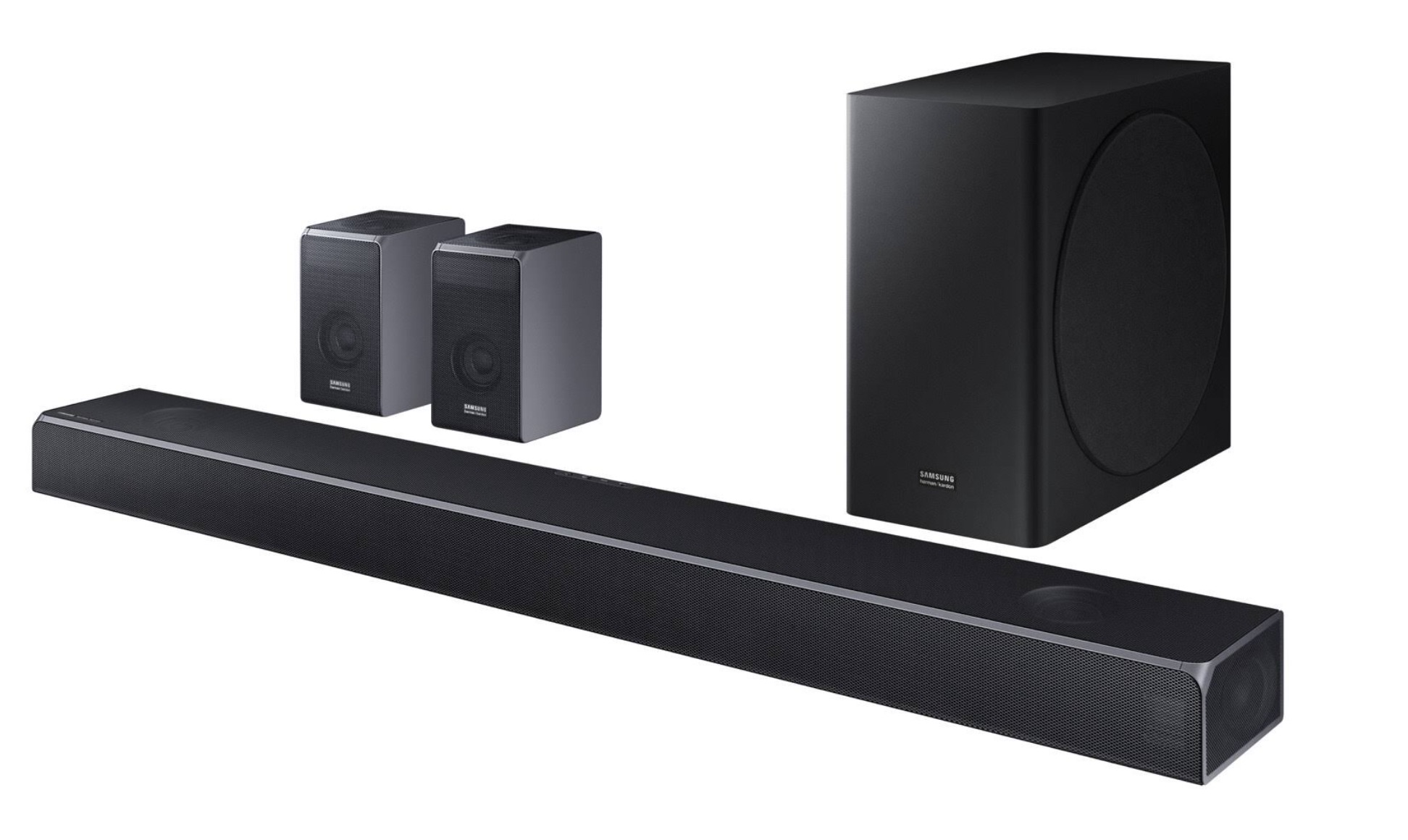Samsung HW-Q90R 7.1.4 Channel Harmon Kardon Soundbar with Dolby Atmos (No Side Speakers INCL.) TV Outlet Discount Soundbars, and TV wall mount | 4K TV Outlet